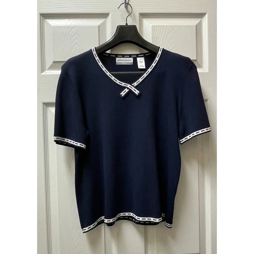 Alfred Dunner Womens Petite XLP Ribbon Trim V Neck Top Navy Blue Nautical Preppy